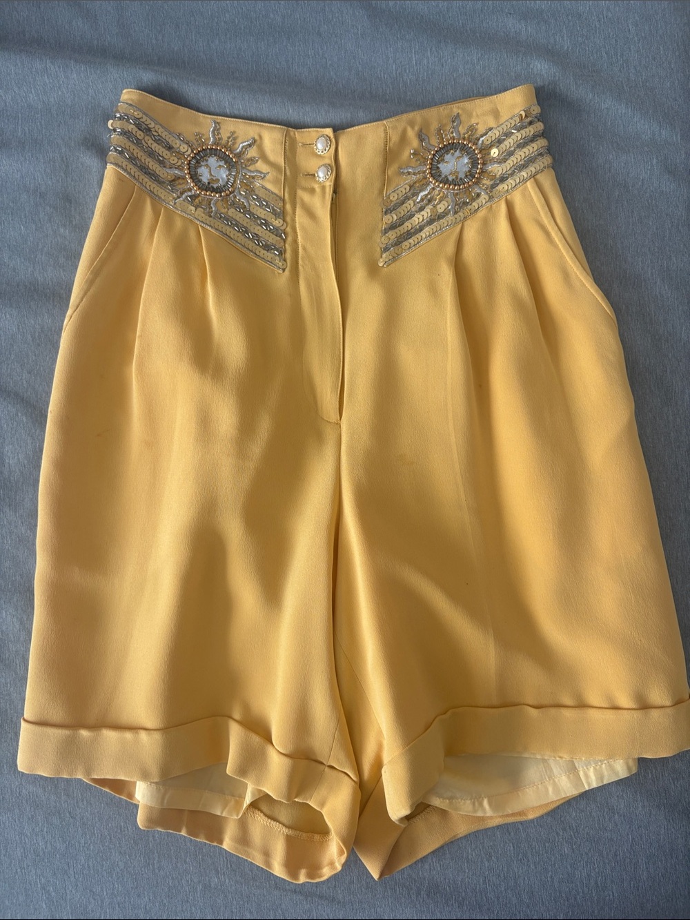 Vintage Rare EREZ 100% Silk Beaded Sequined Celestial Sun High Waist Shorts Gold